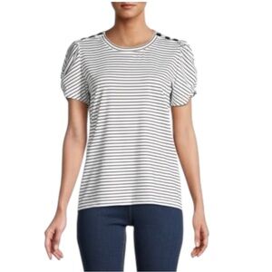 Karl Lagerfeld Paris White Black Stripe Puff-Sleeve Top